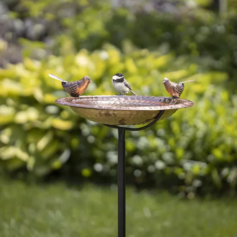 13″ Pure Copper Bird Bath with Copper Birds and Garden Pole