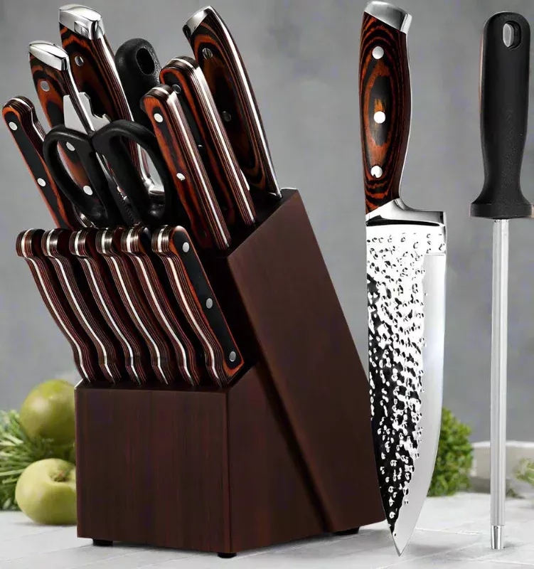 15-piece-kitchen-knife-set-with-block-sharpener-german-high-carbon-stainless-ste 15-Piece Kitchen Knife Set with Block & Sharpener - German High Carbon Stainless Steel Knives - Ultra Sharp Chef Knife Set with Wooden Handles