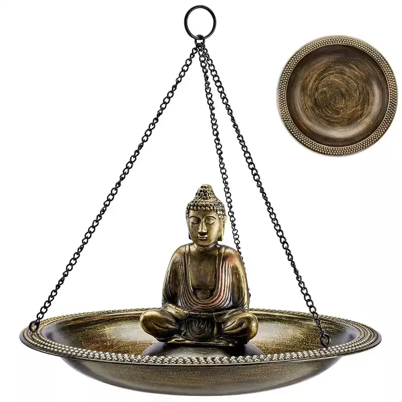 18-hanging-aged-brass-bird-bath-with-buddha 18″ Hanging Aged Brass Bird Bath with Buddha