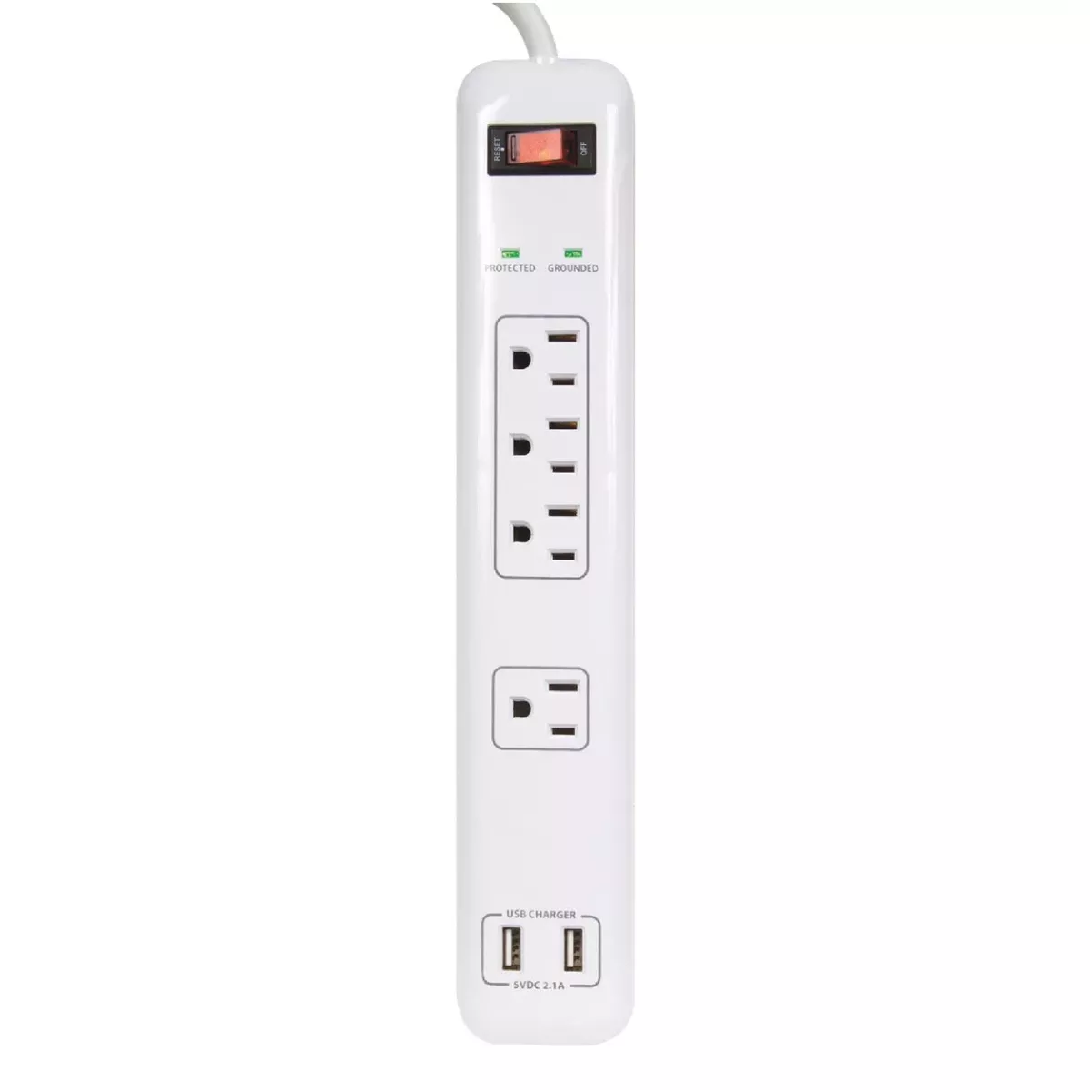 4-Outlet White Surge Protector Strip with USB Charger & Right Angle Plug
