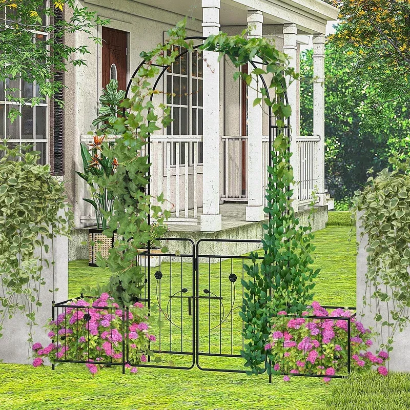 87-inches-garden-arbor-with-lockable-gate-side-planters-black 87 Inches Garden Arbor with Lockable Gate Side Planters-Black