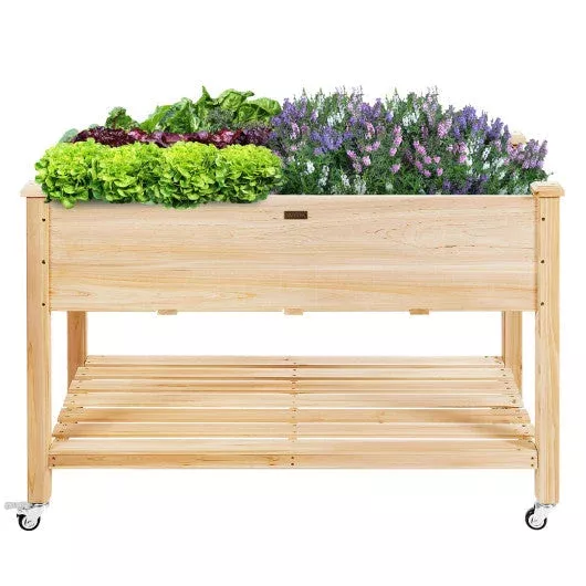 wood-elevated-planter-bed-with-lockable-wheels-shelf-liner Wood Elevated Planter Bed with Lockable Wheels Shelf and Liner